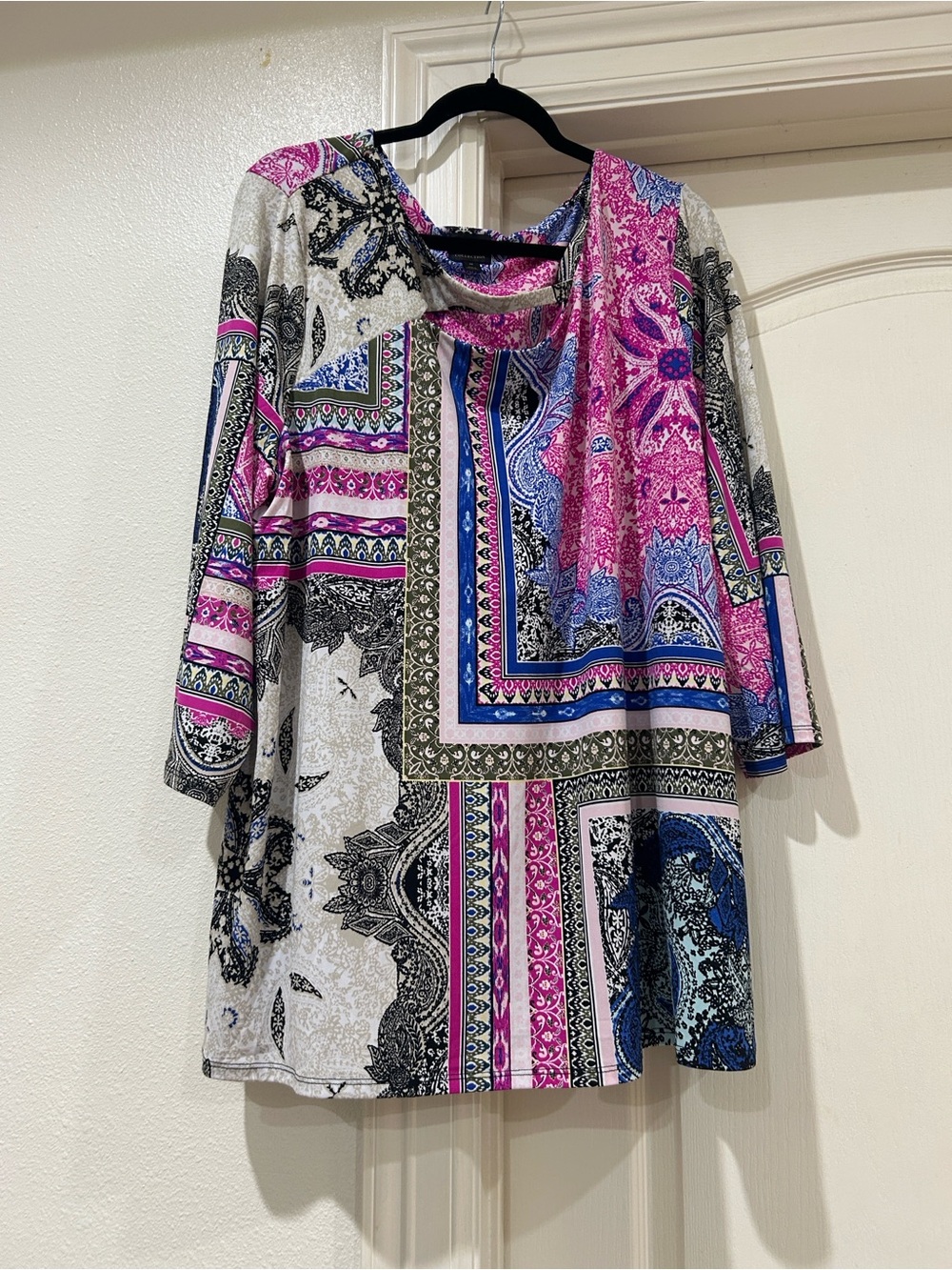 JM Collection Pink Multi-Print Long Sleeve Tunic Top with Blue Accents
